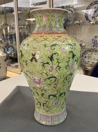 A Chinese famille rose lime-green-ground vase, Qianlong mark, 19/20th C.